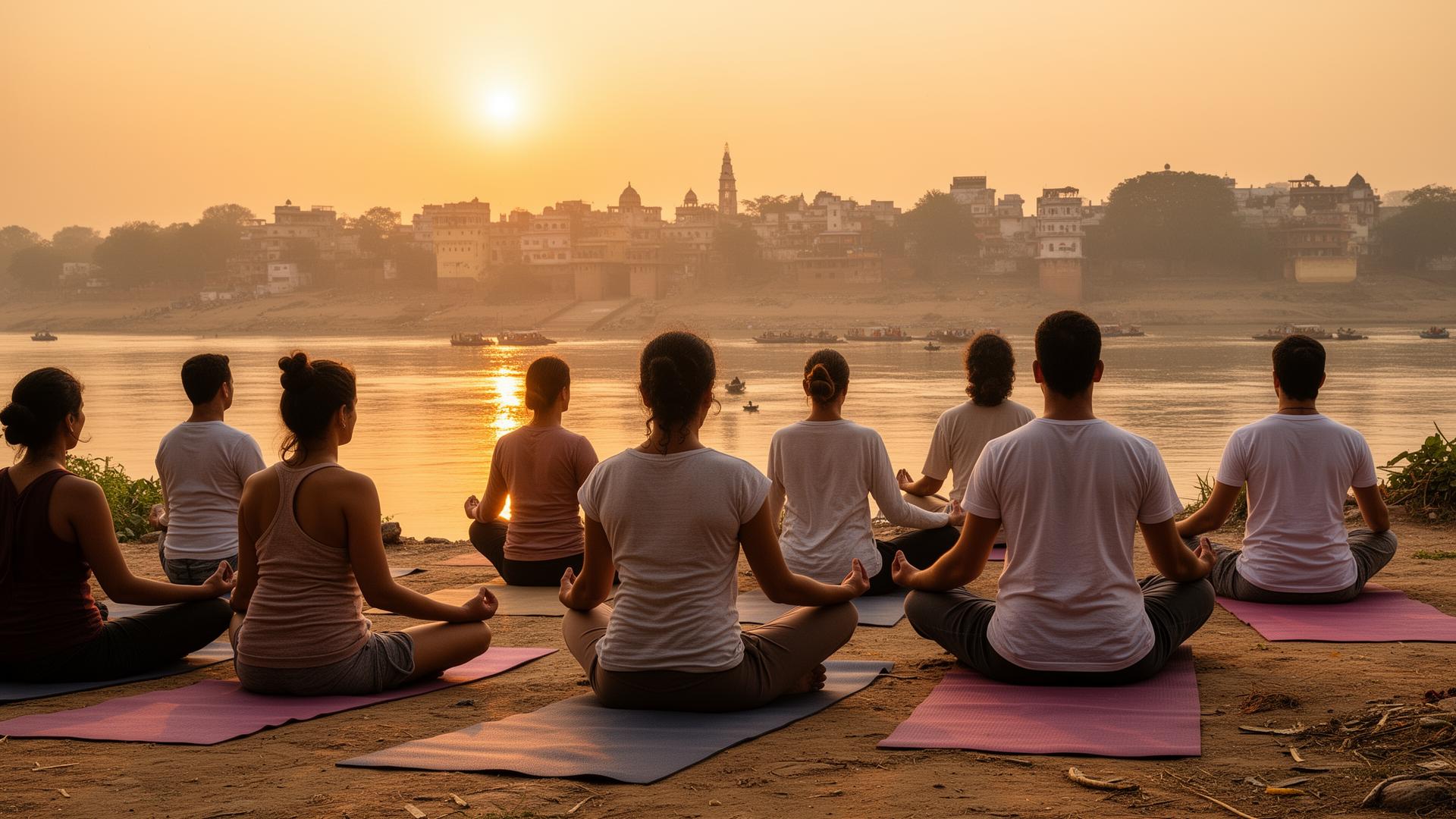 Meditación grupal al amanecer junto al Ganges