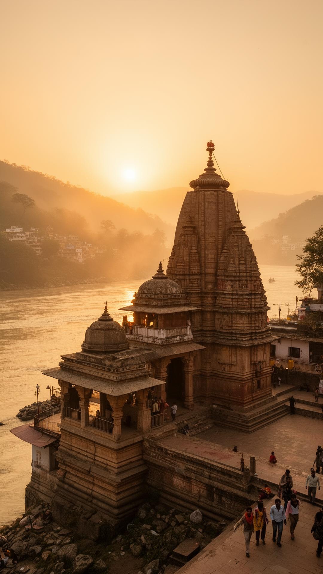 Templo tradicional al amanecer en Rishikesh